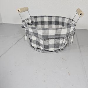 Plaid Fabric Lined Wire Basket with Wood Handles - Gray